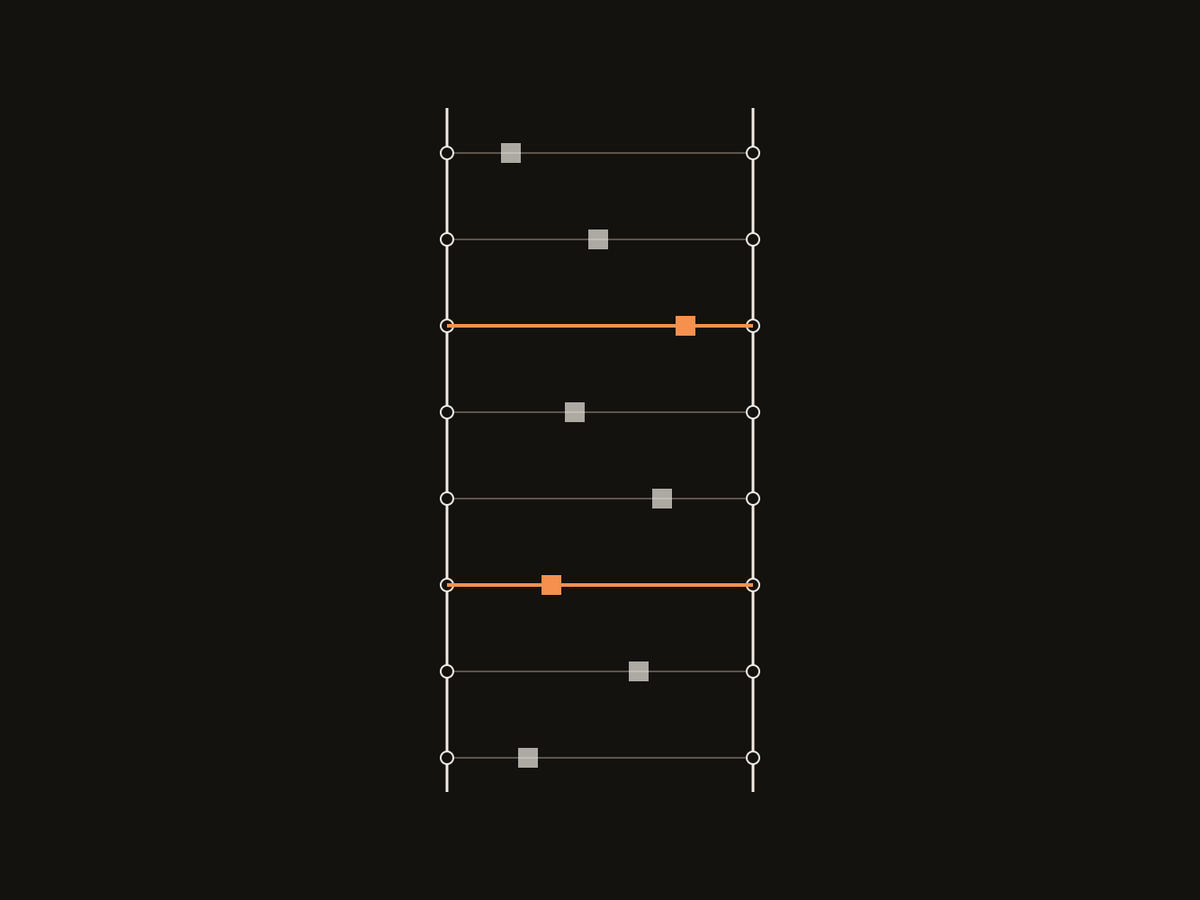Abstract line drawing: two parallel tracks joined by bridges carrying items across